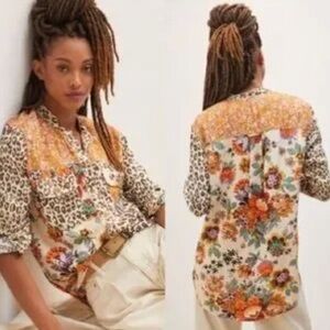 Anthropologie Pilcro Women's Cream Leopard Floral Long Sleeve Shirt Size Small